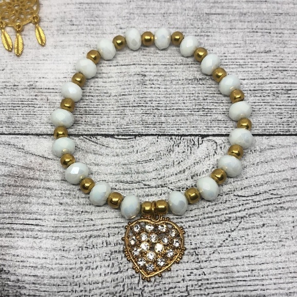 WHITE crystal or stone heart dreamcatcher charm layer stackable bracelets boho. - Picture 3 of 4